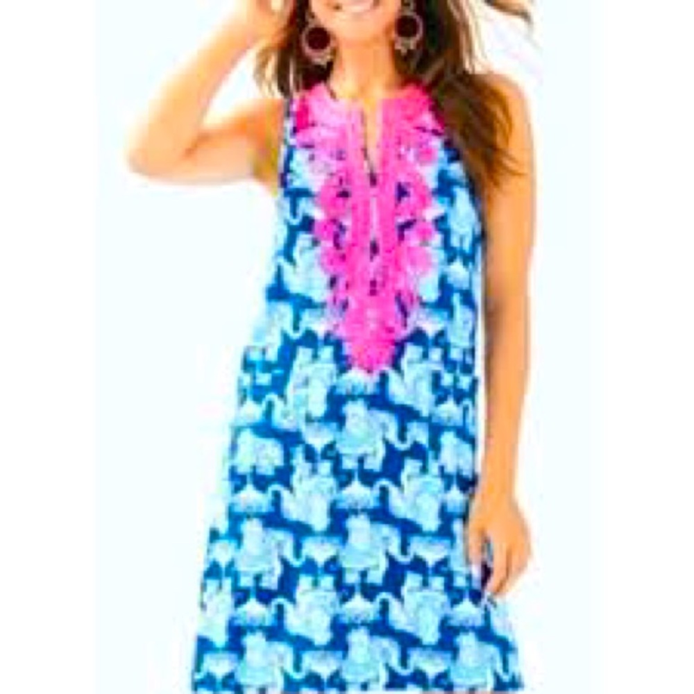 Lilly Pulitzer Carlotta stretch dress blue and pink elephant print size 00